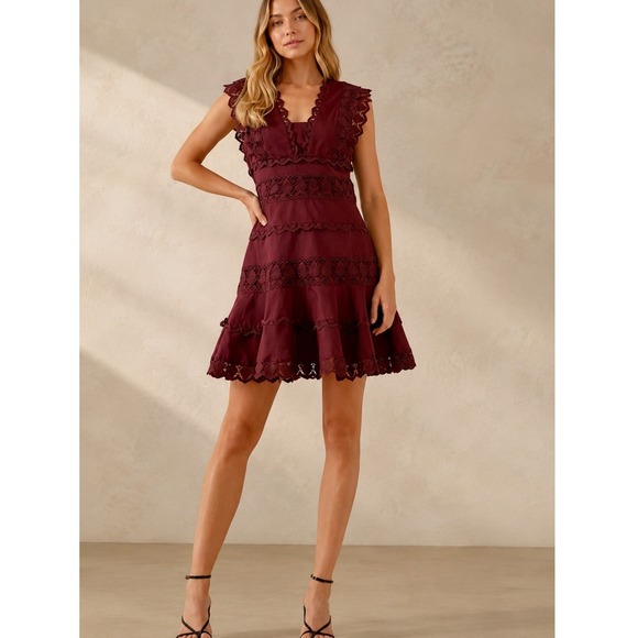 Endless Rose Dresses & Skirts - Burgundy Linen Blend Lace Mini Dress Size Small Romantic Boho Goth